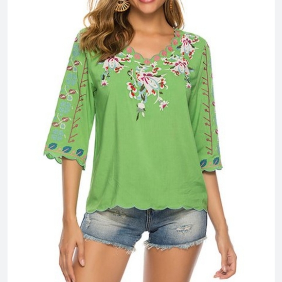 Coruja Green Embroidered 3/4 Sleeve Blouse Boho - Picture 1 of 13